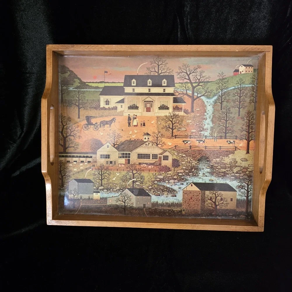 VTG Charles Wysocki Wood Tray Americana  Scene 
